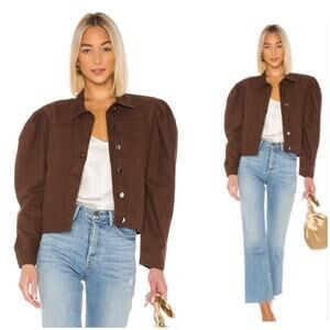 LPA Kyla Jacket in Espresso Size Medium Brown Puff Sleeve Denim Minimalist Chic